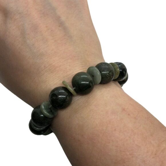 Natural Gemstone Bead Bracelet - Dark Green Chrysoprase Beads Stretch Bracelet - Picture 6 of 7